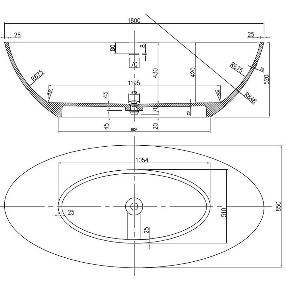Bernstein Baignoire îlot en fonte minérale (fonte minérale) RIO STONE - 180x85x52cm - Sans robinet ni siphon, Blanc mat