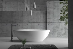 Bernstein Baignoire îlot en fonte minérale (fonte minérale) RIO STONE - 180x85cm - Avec siphon et robinet mitigeur 1523C, Blanc brillant* Baignoire Îlot