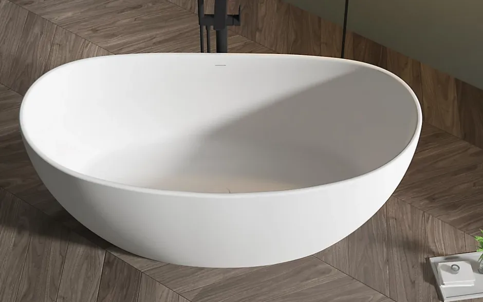 Bernstein Baignoire îlot en fonte minérale HAWAII STONE - 180x85cm - Sans siphon, Blanc brillant, Avec robinet mitigeur 8028B
