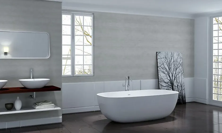 Bernstein Baignoire îlot en fonte minérale, OCEAN STONE - 180x87cm - Avec robinet mitigeur 8028, Avec siphon, Blanc mat* Baignoire Îlot