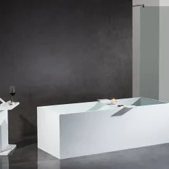 Bernstein Baignoire îlot en fonte minérale 170x72x55cm Blanc mat - LUNA STONE + siphon + robinet sur pied 1523C