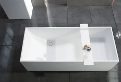 Bernstein Baignoire îlot en fonte minérale 170x72x55cm Blanc mat - LUNA STONE + siphon + robinet sur pied 1523C
