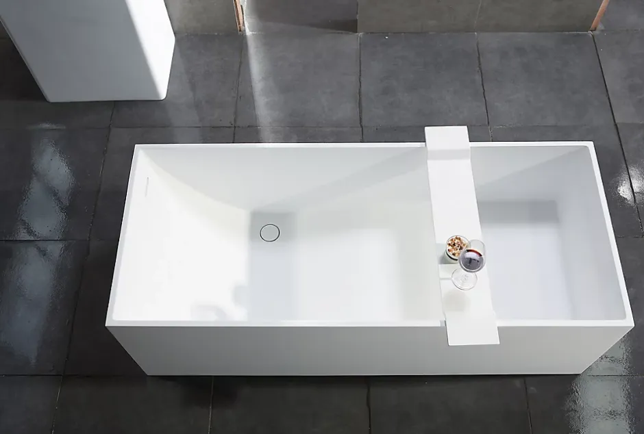 Bernstein Baignoire îlot en fonte minérale 170x72x55cm Blanc mat - LUNA STONE + siphon + robinet sur pied 1523C