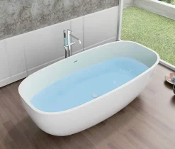 Bernstein Baignoire îlot en fonte minérale, OCEAN STONE - 180x87cm - Avec robinet mitigeur 8028, Sans siphon, Blanc mat
