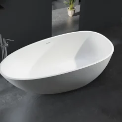 Bernstein Baignoire îlot en fonte minérale VELA STONE - blanc mat, 180x90cm - Avec robinet mitigeur 8028, Avec siphon