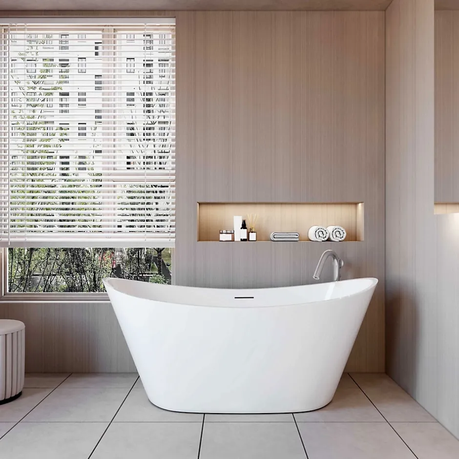 AICA Sanitaire Baignoire îlot en forme de ovale L150x72xH65cm blanc en Acrylique avec Bonde et trop plein - Pratique et esthétique* Baignoire Îlot