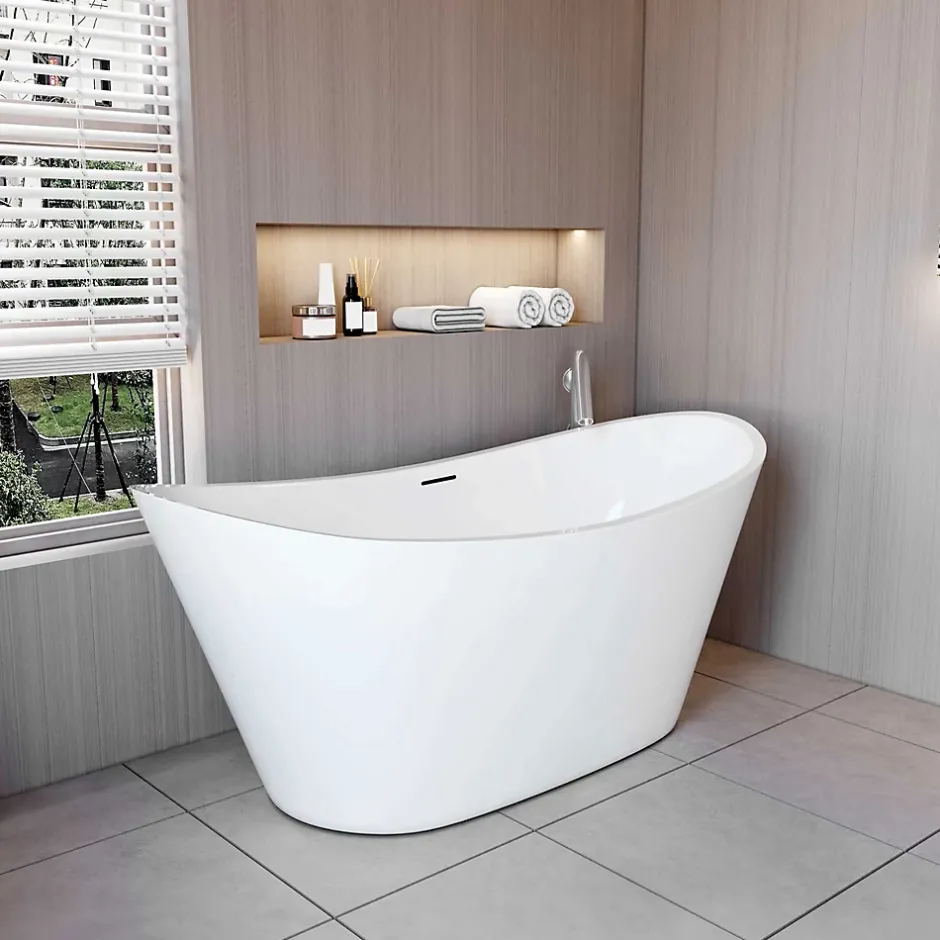 AICA Sanitaire Baignoire îlot en forme de ovale L150x72xH65cm blanc en Acrylique avec Bonde et trop plein - Pratique et esthétique* Baignoire Îlot