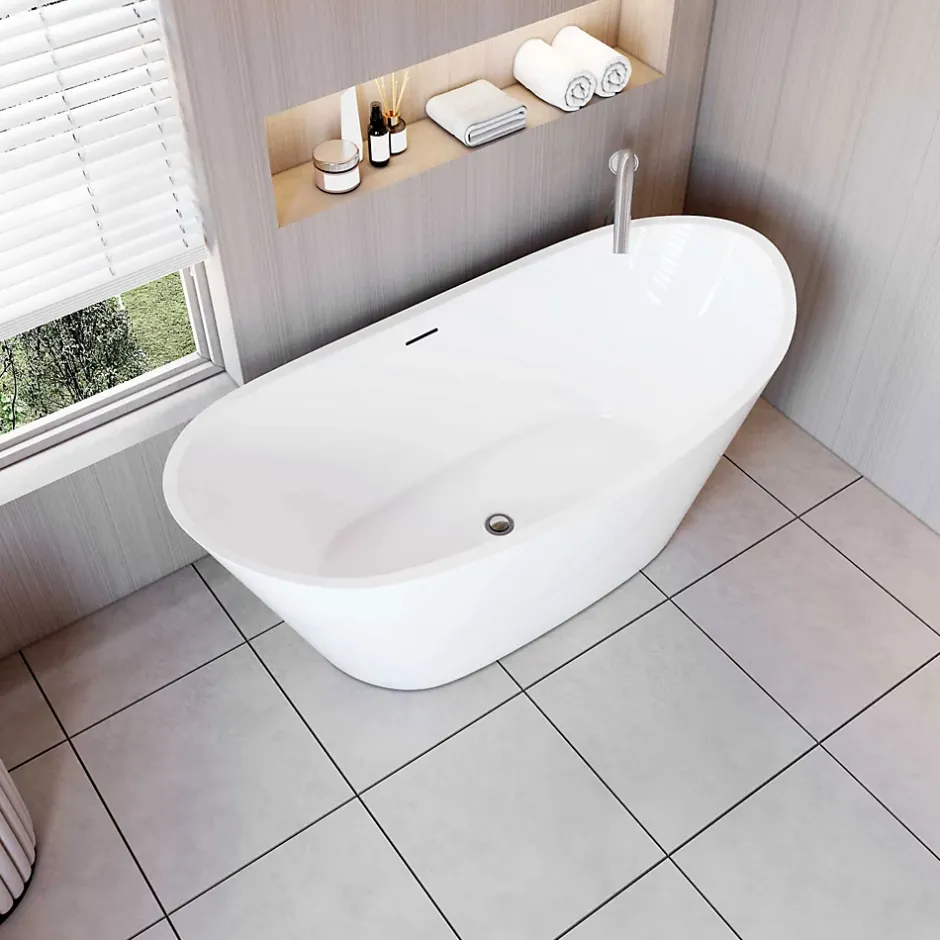 AICA Sanitaire Baignoire îlot en forme de ovale L150x72xH65cm blanc en Acrylique avec Bonde et trop plein - Pratique et esthétique* Baignoire Îlot
