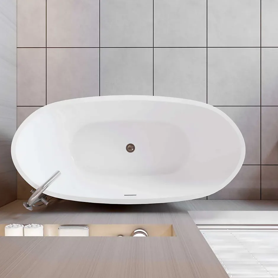 AICA Sanitaire Baignoire îlot en forme de ovale L150x72xH65cm blanc en Acrylique avec Bonde et trop plein - Pratique et esthétique* Baignoire Îlot