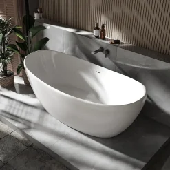 Bernstein Baignoire îlot Fonte minérale ovale 180x85x64cm + bonde et trop plein - Blanc brillant - HAWAII STONE
