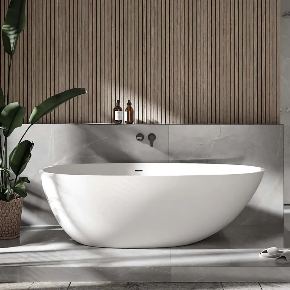 Bernstein Baignoire îlot fonte minérale ovale autoportante Moderne avec bonde - 170x86x54cm - VELA Blanc mat