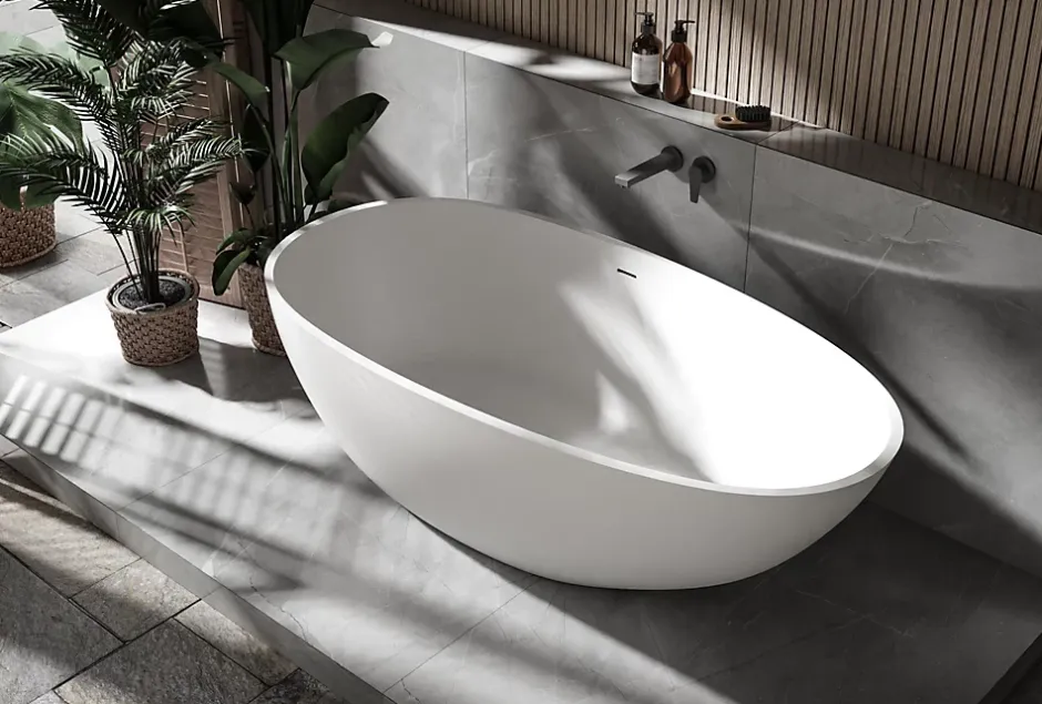 Bernstein Baignoire îlot fonte minérale ovale autoportante Moderne avec bonde - 170x86x54cm - VELA Blanc mat