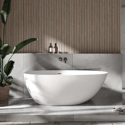 Bernstein Baignoire îlot fonte minérale ovale autoportante Moderne avec bonde - 150x75x54cm - VELA Blanc mat