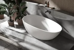 Bernstein Baignoire îlot fonte minérale ovale autoportante Moderne avec bonde - 150x75x54cm - VELA Blanc mat