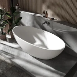 Bernstein Baignoire îlot fonte minérale Ovale Moderne pour Salle de Bain avec Bonde et trop plein - 180x85x52cm - RIO STONE - Blanc Mat* Baignoire Îlot