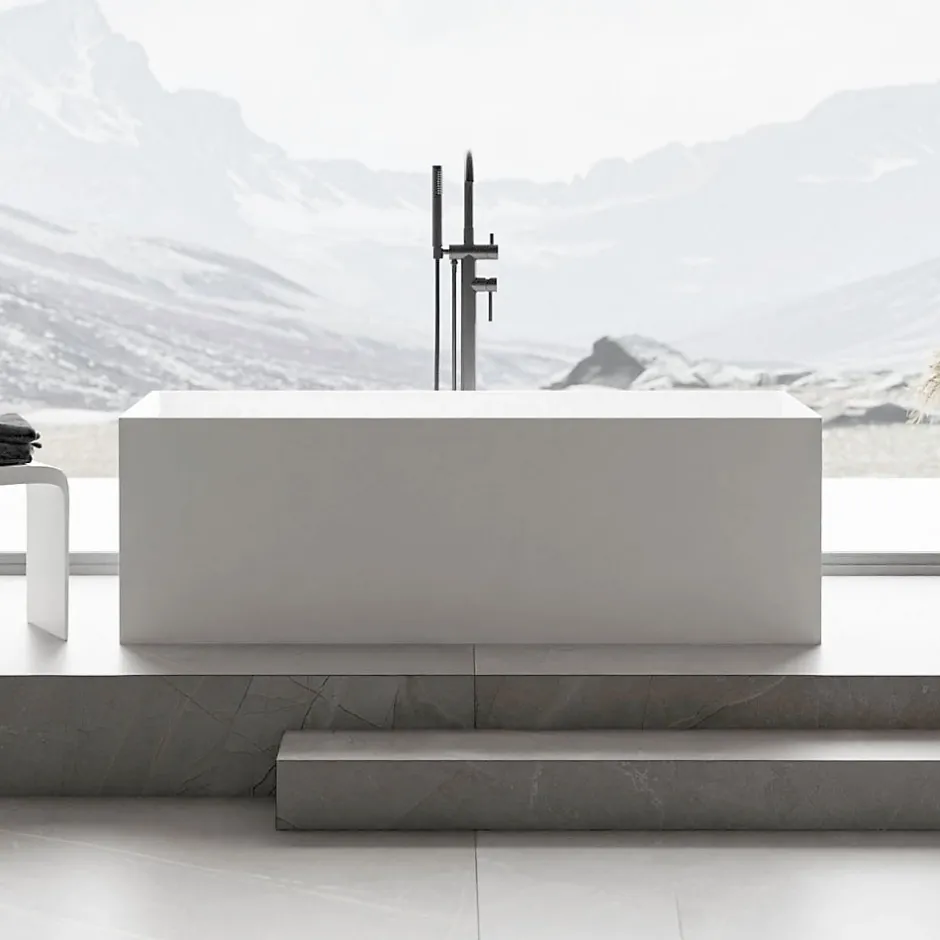 Bernstein Baignoire îlot Fonte minérale rectangulaire 170x72x55cm + bonde pop-up et trop plein - Blanc mat - LUNA