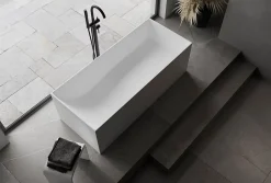 Bernstein Baignoire îlot Fonte minérale rectangulaire 170x72x55cm + bonde pop-up et trop plein - Blanc mat - LUNA