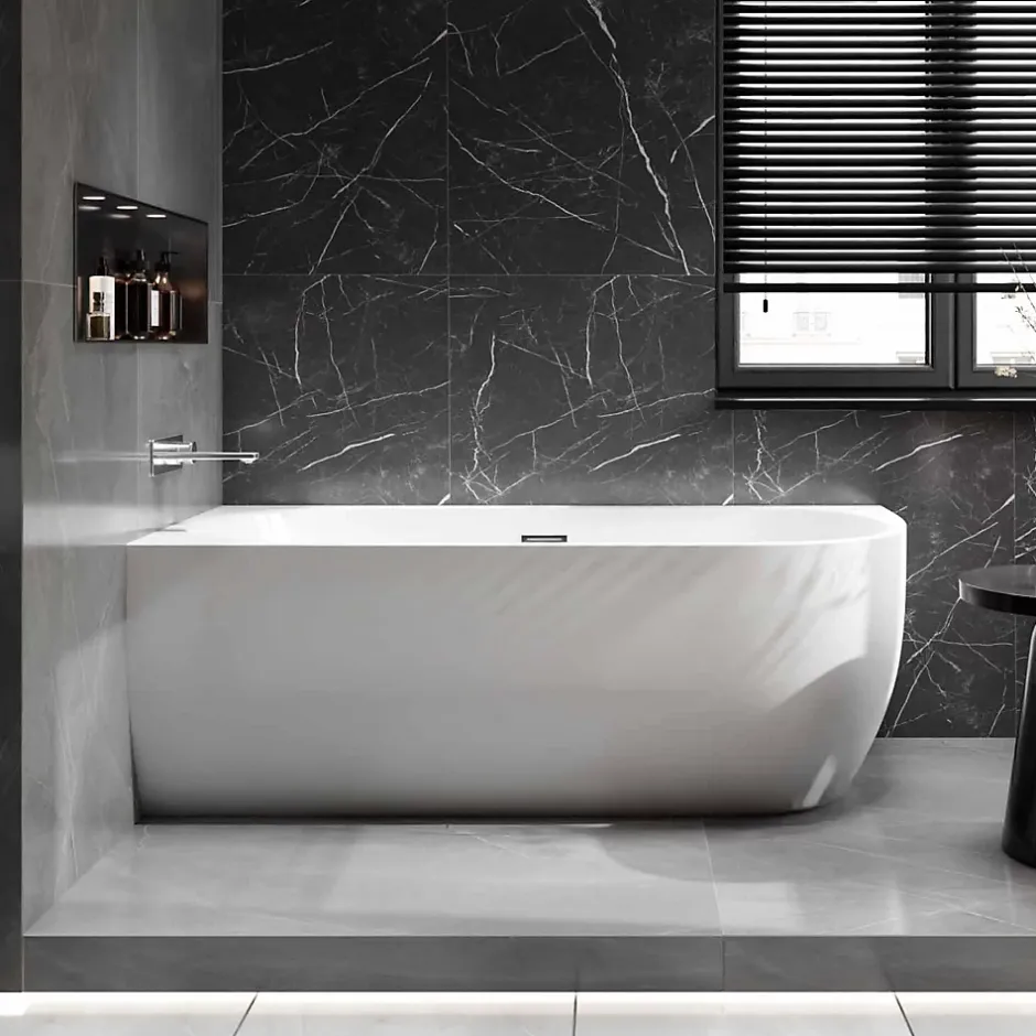Bernstein Baignoire îlot LENA CORNER acrylique blanc brillant - montage gauche -170x75cm - Garantie 5 ans - Avec mitigeur 8028, Sans siphon