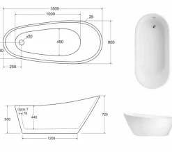 Azura Home Design Baignoire îlot MELODY 80 cm - 150 x 80 cm