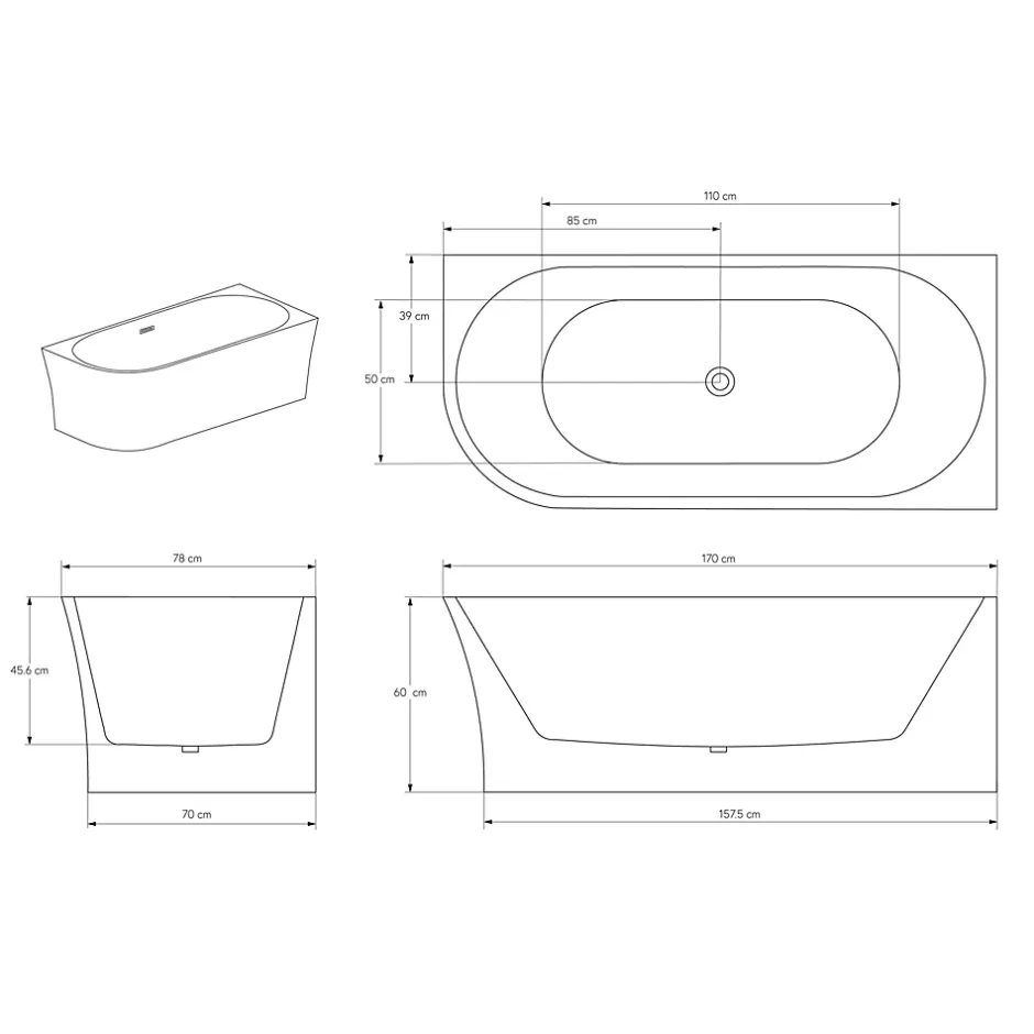 Bernstein Baignoire îlot NOVA CORNER acrylique blanc - montage droite -170x78cm - Garantie 5 ans - Avec robinet mitigeur 1521, Avec siphon* Baignoire D'Angle