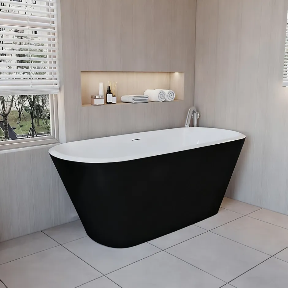 AICA Sanitaire Baignoire îlot ovale bicolore - 260L - 160x73x60 cm - intérieur blanc - extérieur noir mat - Design moderne en acrylique