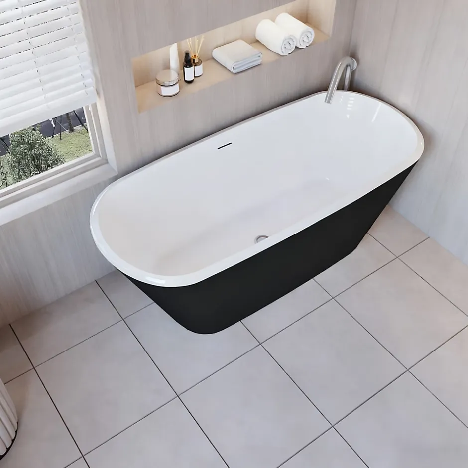 AICA Sanitaire Baignoire îlot ovale bicolore - 260L - 160x73x60 cm - intérieur blanc - extérieur noir mat - Design moderne en acrylique