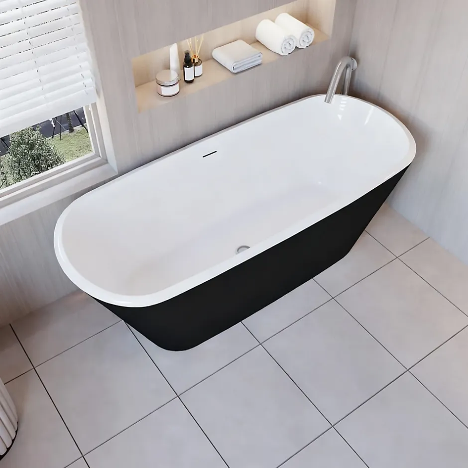 AICA Sanitaire Baignoire îlot ovale bicolore - 280L - 170x78x60 cm - intérieur blanc + extérieur noir mat - Design moderne en acrylique* Baignoire Îlot