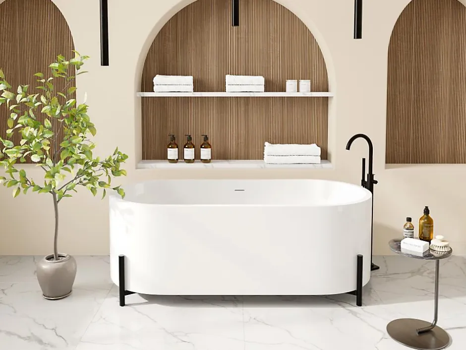 Vente-unique Baignoire îlot ovale blanche avec pieds noirs - 160 x 73,5 x 59 cm - ALONSA