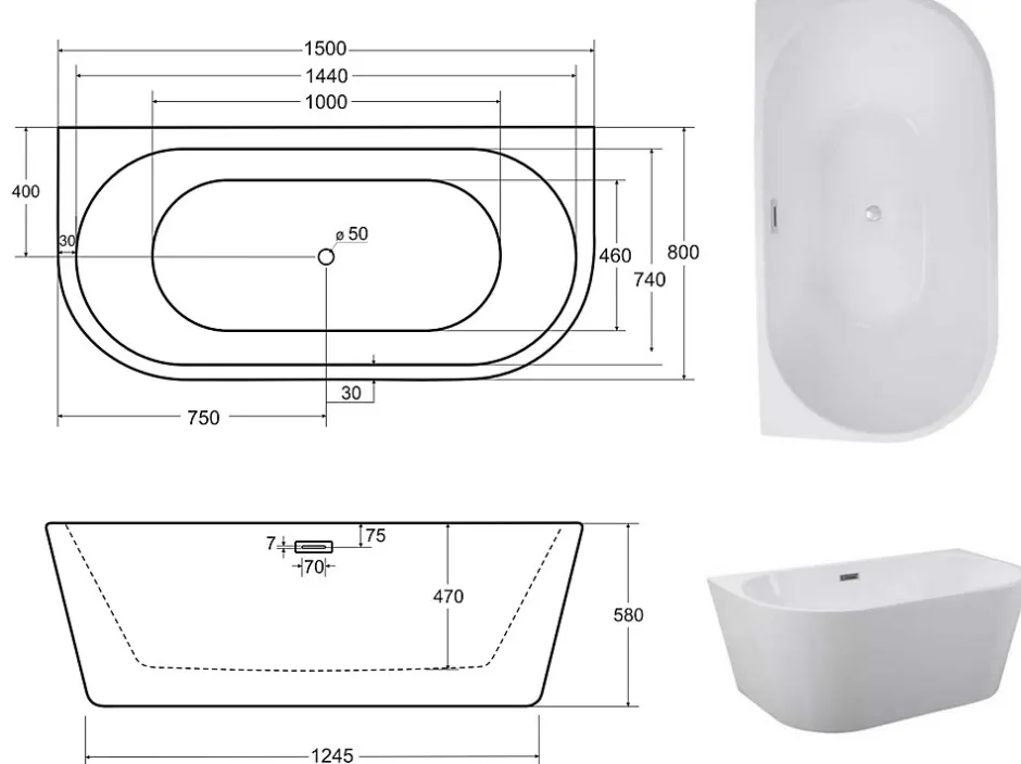 Azura Home Design Baignoire îlot VICA 80 cm - 150cm