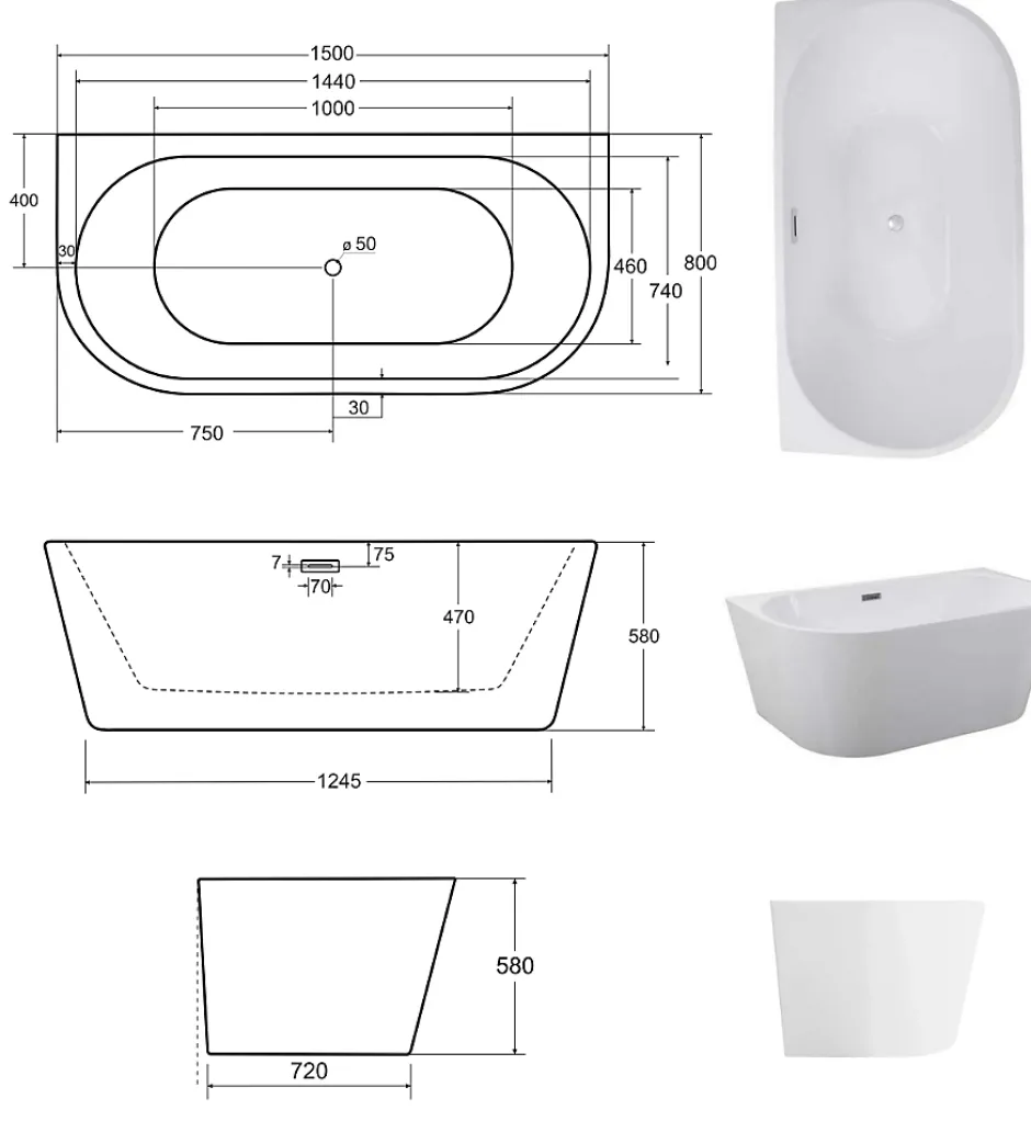 Azura Home Design Baignoire îlot VICA GLAM GRAPHITE 80 cm - 150cm