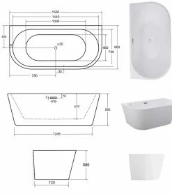Azura Home Design Baignoire îlot VICA GLAM GRAPHITE 80 cm - 150cm