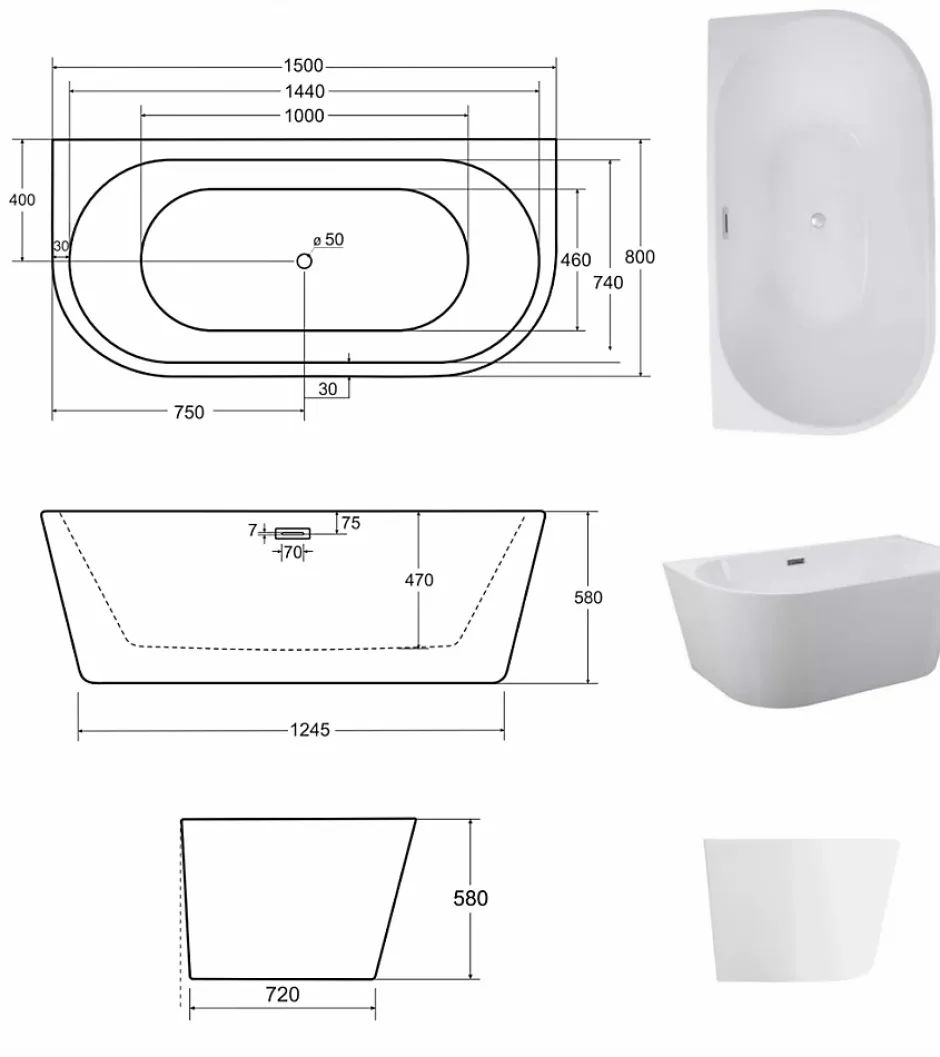 Azura Home Design Baignoire îlot VICA GLAM GRAPHITE 80 cm - 150cm