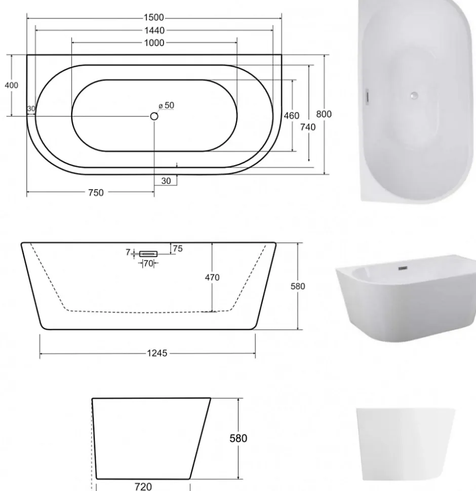 Azura Home Design Baignoire îlot VICA GLAM SILVER 80 cm - 150cm* Baignoire Îlot