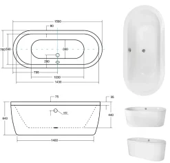 Azura Home Design Baignoire îlot VICTORIA - 160 x 75 cm* Baignoire Îlot