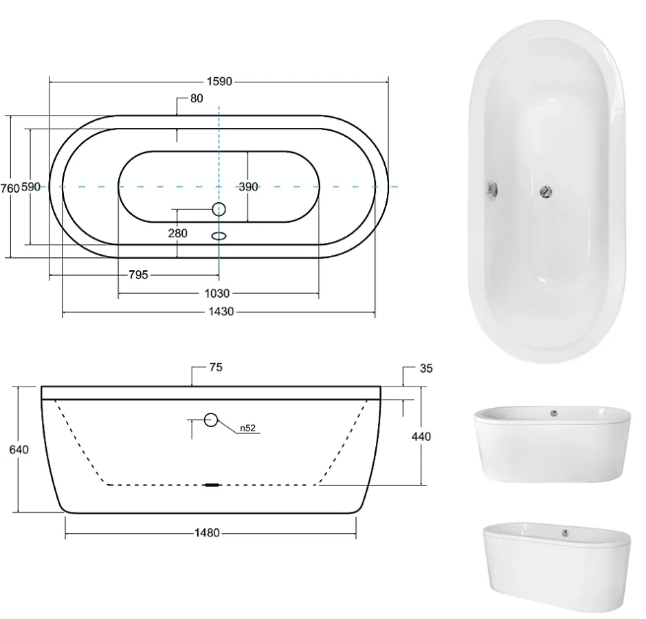Azura Home Design Baignoire îlot VICTORIA - 160 x 75 cm* Baignoire Îlot