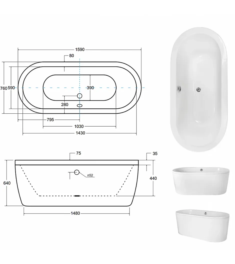 Azura Home Design Baignoire îlot VICTORIA - 160 x 75 cm* Baignoire Îlot