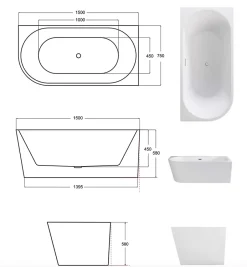 Azura Home Design Baignoire îlot ZOYA GLAM GRAPHITE angle droit - 150 x 75 cm* Baignoire Îlot