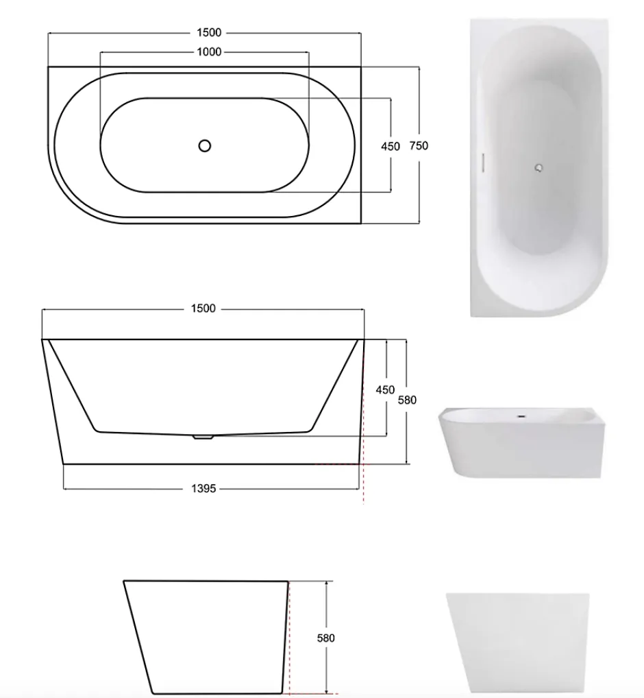 Azura Home Design Baignoire îlot ZOYA GLAM GRAPHITE angle droit - 150 x 75 cm* Baignoire Îlot