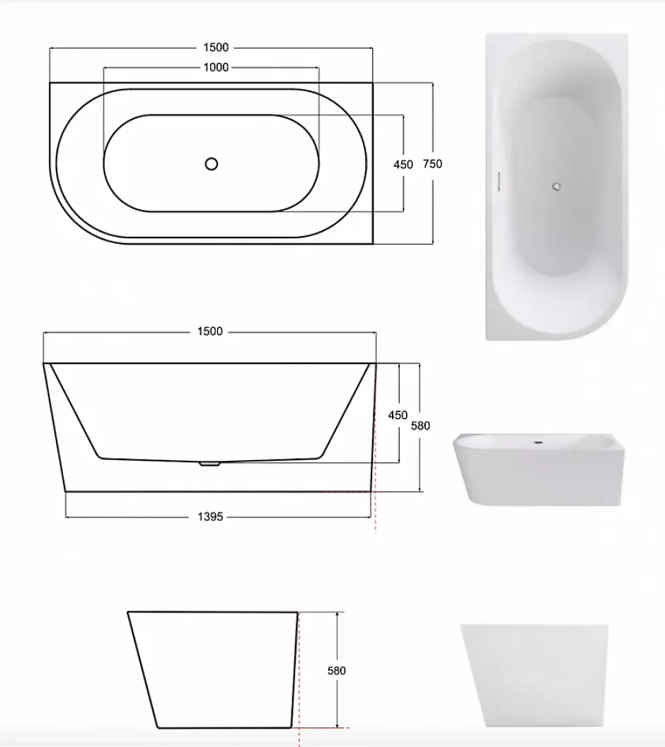 Azura Home Design Baignoire îlot ZOYA GLAM GRAPHITE angle droit - 150 x 75 cm* Baignoire Îlot