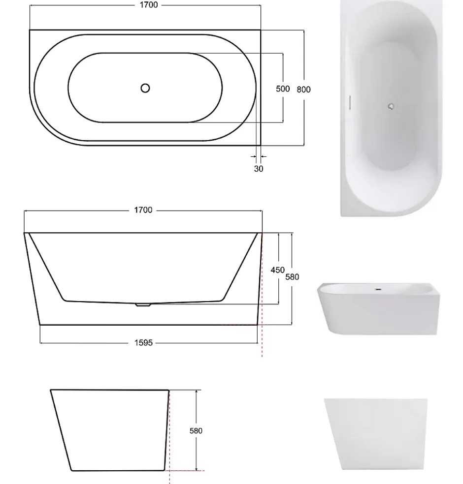 Azura Home Design Baignoire îlot ZOYA GLAM SILVER angle droit - 170 x 80 cm