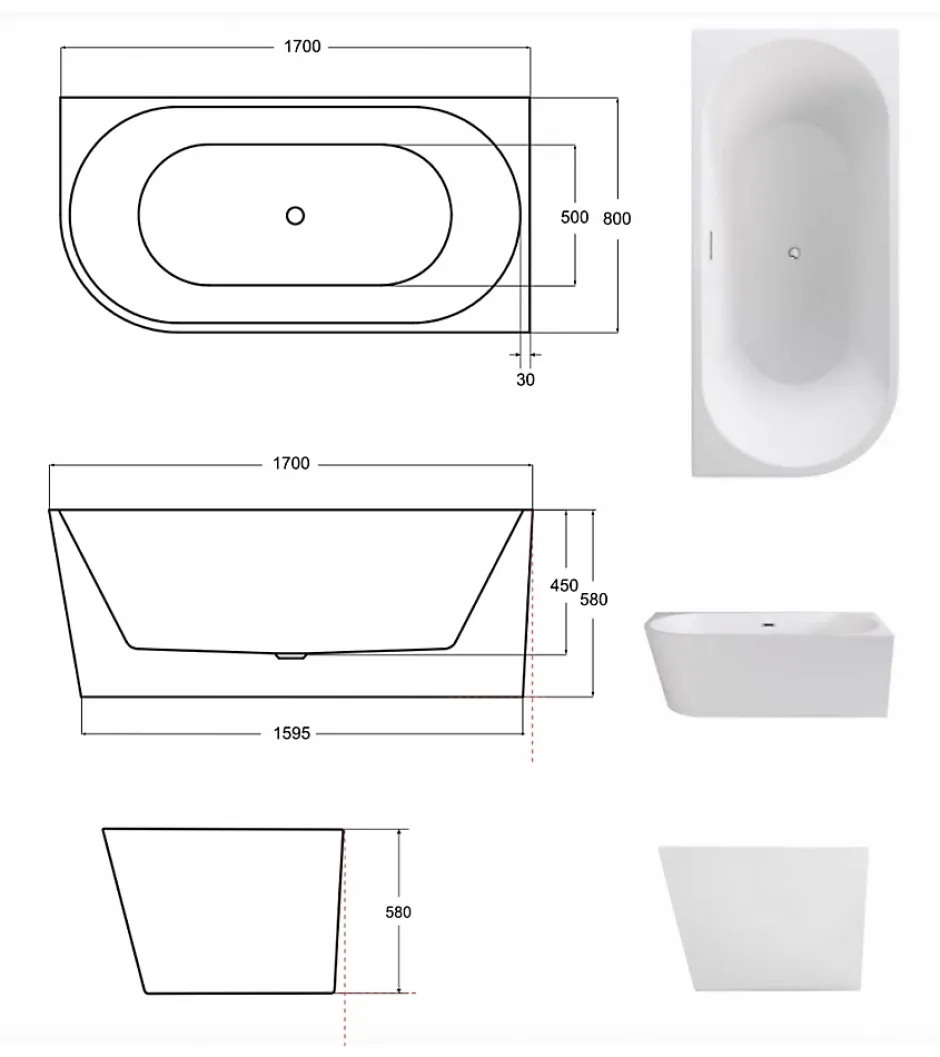 Azura Home Design Baignoire îlot ZOYA GLAM SILVER angle droit - 170 x 80 cm