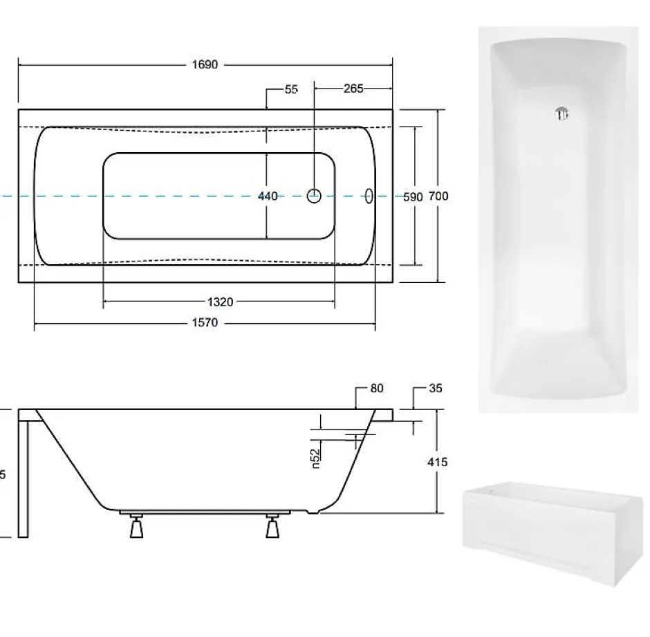 Azura Home Design Baignoire MIRANO II avec tablier 170 x 70 cm* Baignoire Droite