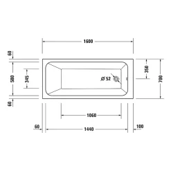 Duravit Baignoire murale acrylique rectangulaire à encastrer salle de bain, 2 dossiers, 160x70x47cm Sans pieds, Blanc, DURAPECOS* Baignoire Droite