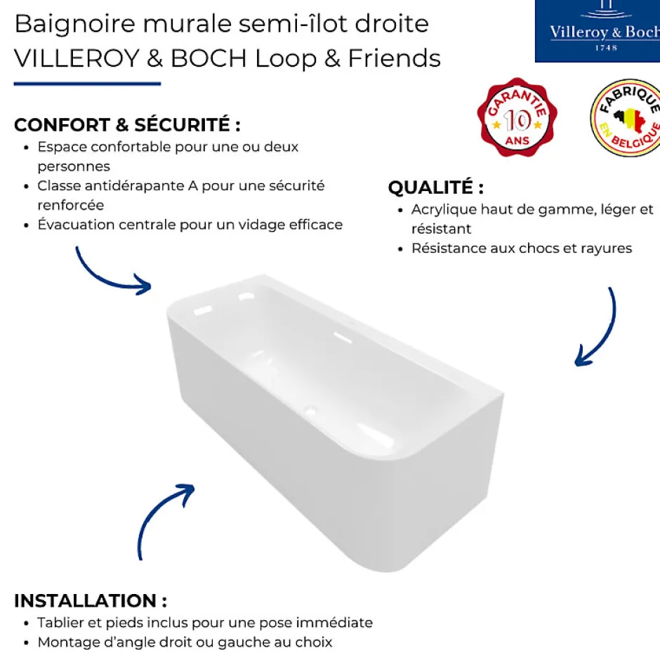 Villeroy & Boch Baignoire murale semi-îlot Loop & Friends