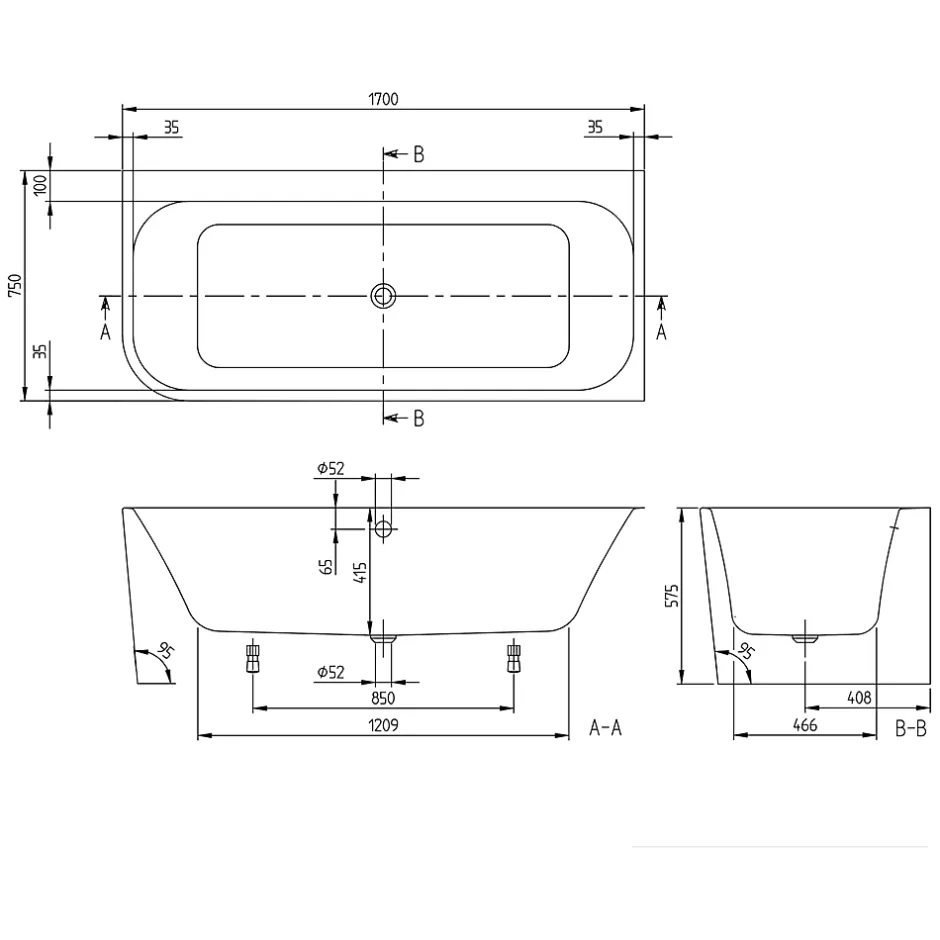 Villeroy & Boch Baignoire murale Architectura pour installation en angle à droite, 1700 x 750 mm, Blanc* Baignoire Îlot