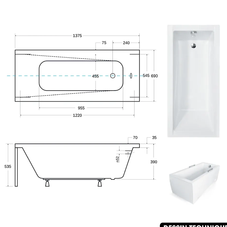 Besco Baignoire rectangulaire - avec Tablier Noir Mat et Repose Tête OFFERT - MODERN - 140 x 70 cm* Baignoire Droite