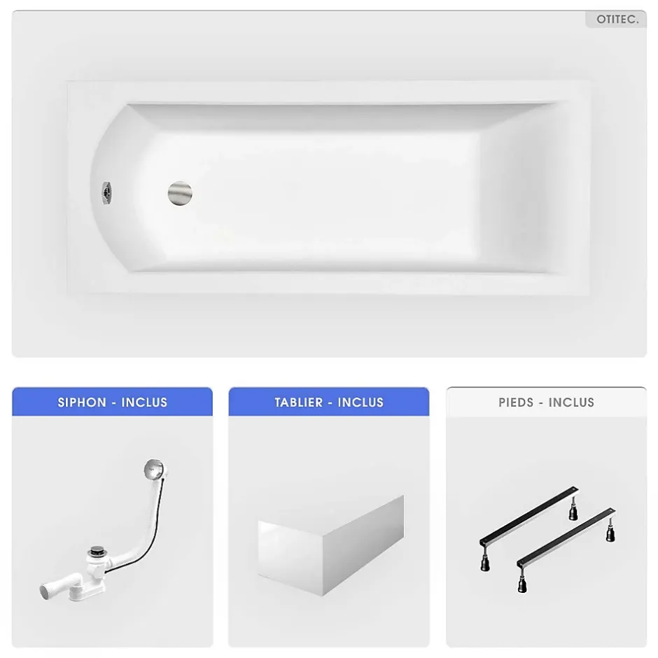 Besco Baignoire rectangulaire - 170 x 70 cm - avec Tablier - Pieds - Vidage Chrome - SHEA