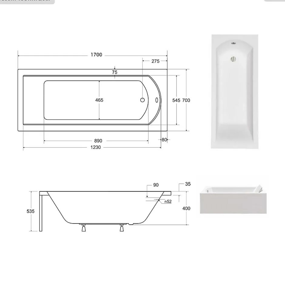 Besco Baignoire rectangulaire - 170 x 70 cm - avec Tablier - Pieds - Vidage Chrome - SHEA