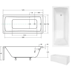 Besco Baignoire rectangulaire + tablier blanc + repose tête - OPTIMA - 140 x 70 cm* Baignoire Droite