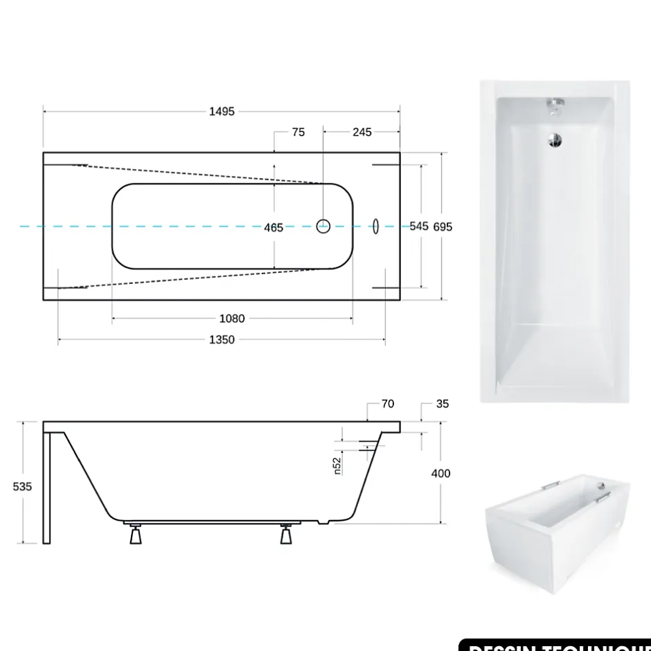 Besco Baignoire rectangulaire - avec Tablier Noir Mat et Repose Tête OFFERT - MODERN - 150 x 70 cm